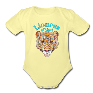 Lioness of God - Organic Short Sleeve Baby Bodysuit - washed yellow