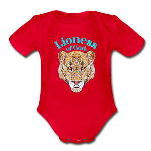 Lioness of God - Organic Short Sleeve Baby Bodysuit - red