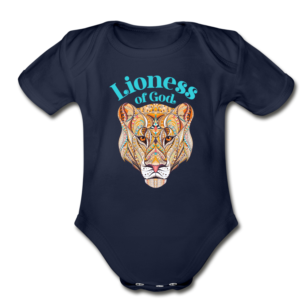 Lioness of God - Organic Short Sleeve Baby Bodysuit - dark navy
