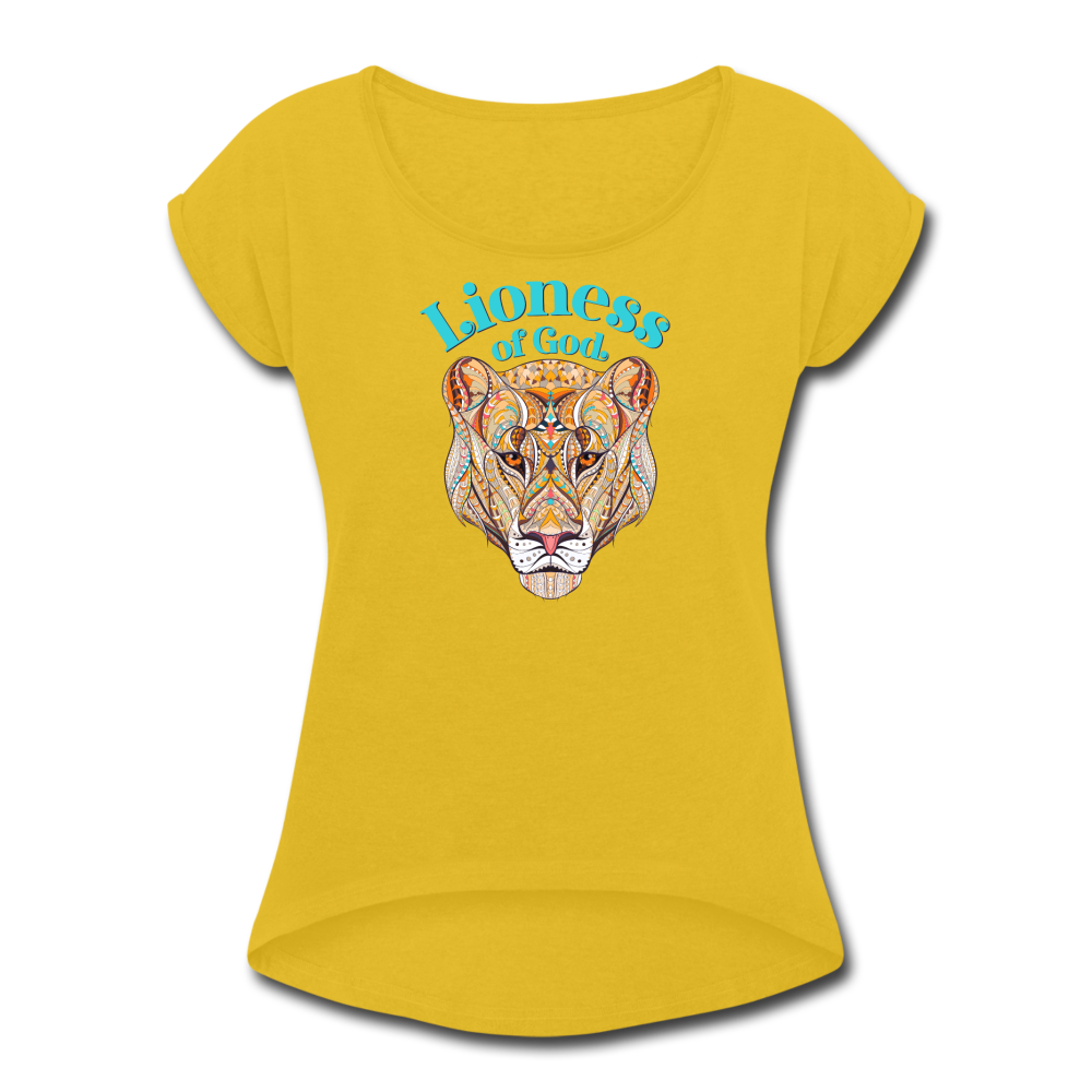 Lioness of God - Women's Roll Cuff T-Shirt - mustard yellow