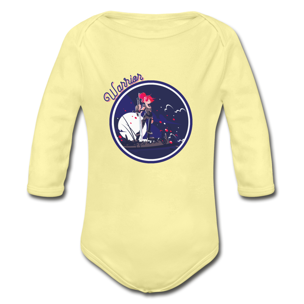 Warrior (Female) - Organic Long Sleeve Baby Bodysuit - washed yellow