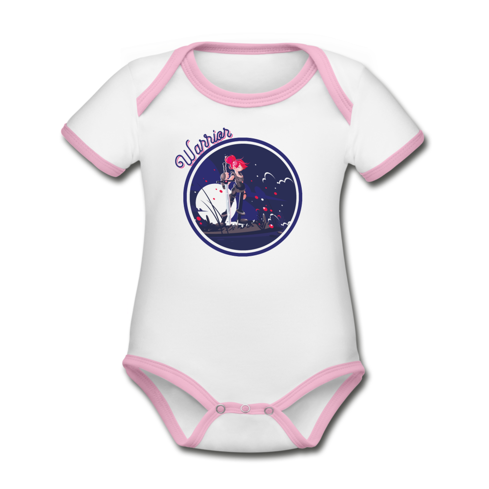 Warrior (Female) - Organic Contrast Short Sleeve Baby Bodysuit - white/pink