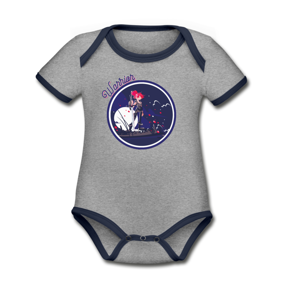 Warrior (Female) - Organic Contrast Short Sleeve Baby Bodysuit - heather gray/navy