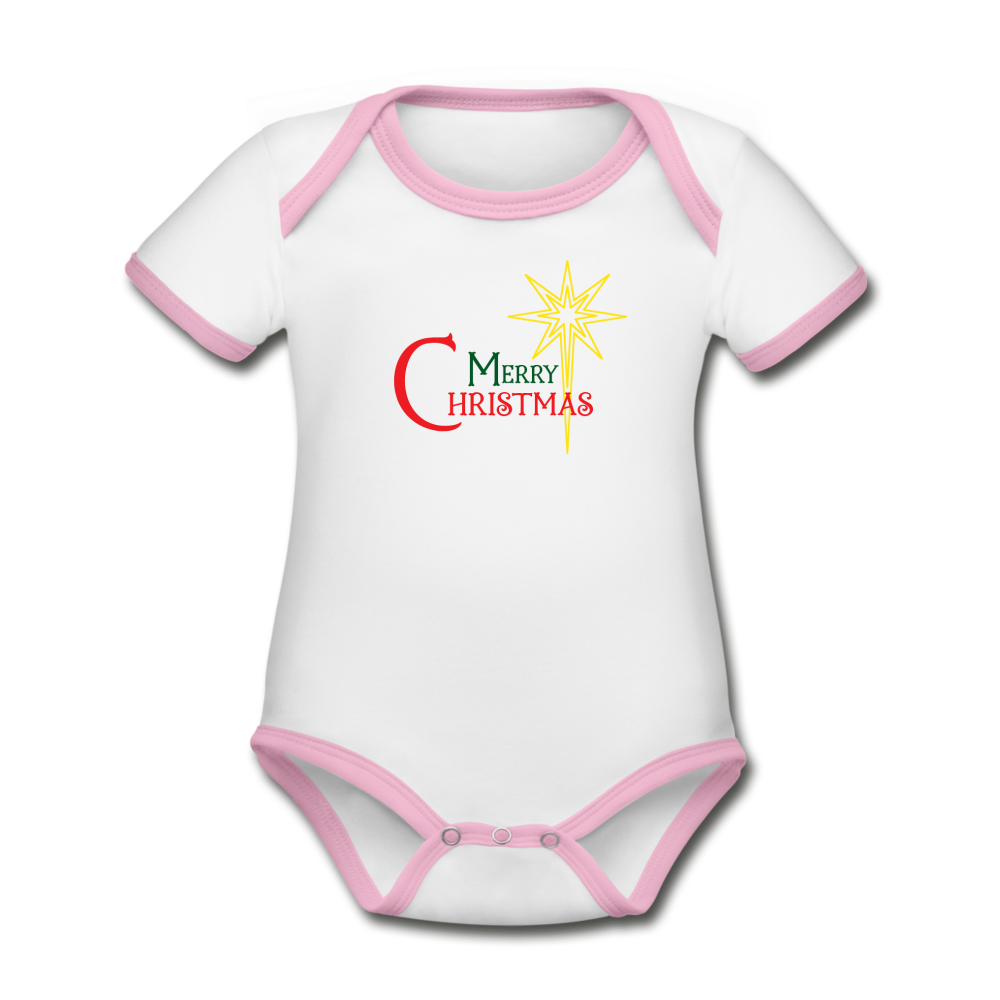 Merry Christmas - Organic Contrast Short Sleeve Baby Bodysuit - white/pink