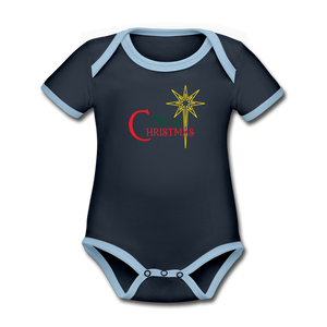 Merry Christmas - Organic Contrast Short Sleeve Baby Bodysuit - navy/sky