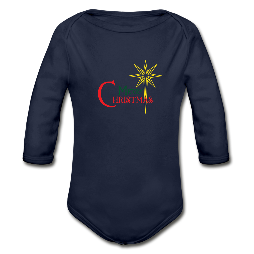 Merry Christmas - Organic Long Sleeve Baby Bodysuit - dark navy