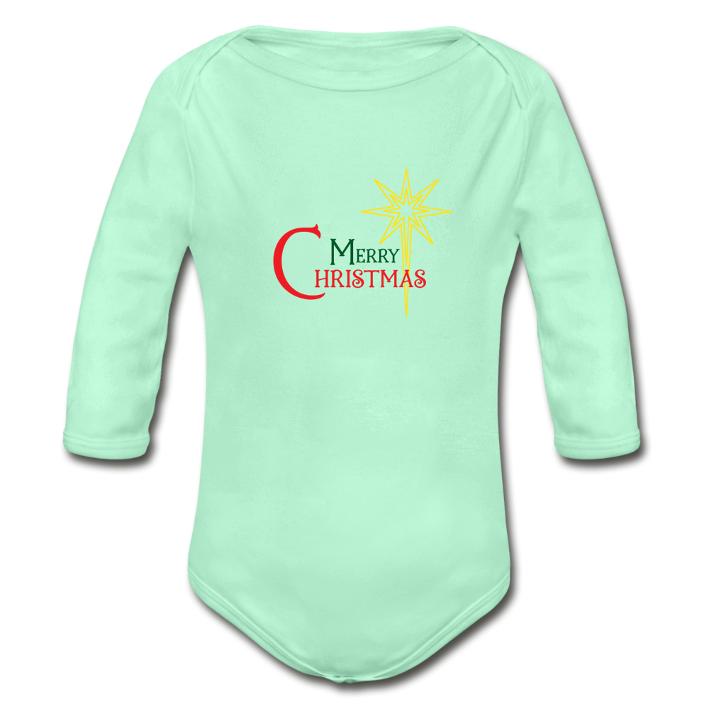 Merry Christmas - Organic Long Sleeve Baby Bodysuit - light mint