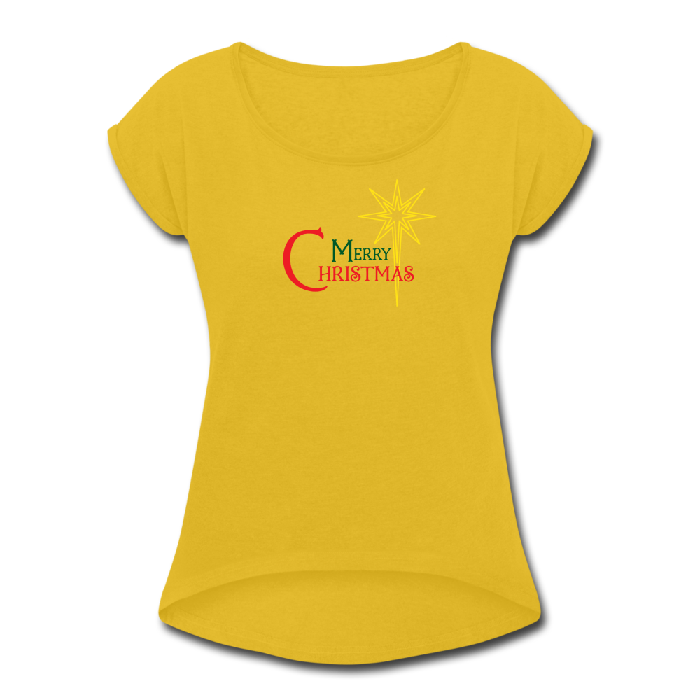 Merry Christmas - Women's Roll Cuff T-Shirt - mustard yellow