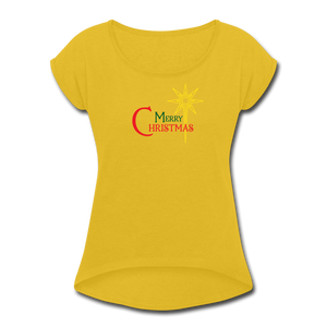 Merry Christmas - Women's Roll Cuff T-Shirt - mustard yellow