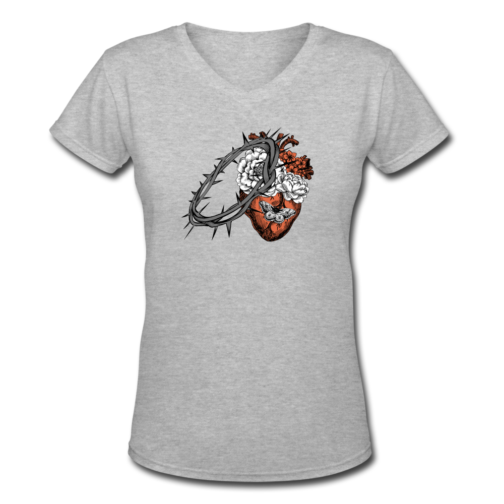 Heart for the Savior - Women's Shallow V-Neck T-Shirt - gray