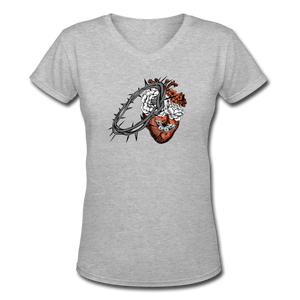Heart for the Savior - Women's Shallow V-Neck T-Shirt - gray