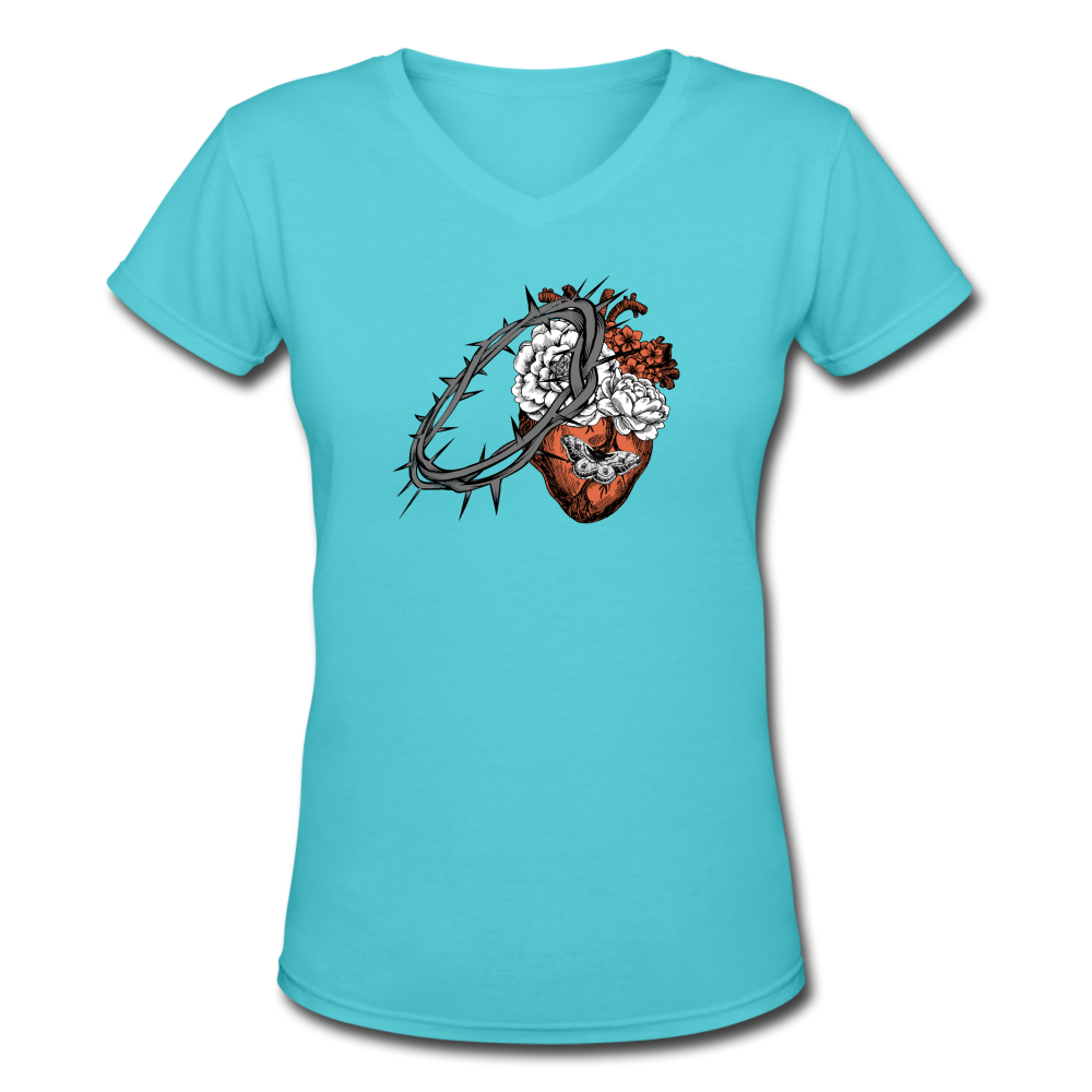 Heart for the Savior - Women's Shallow V-Neck T-Shirt - aqua
