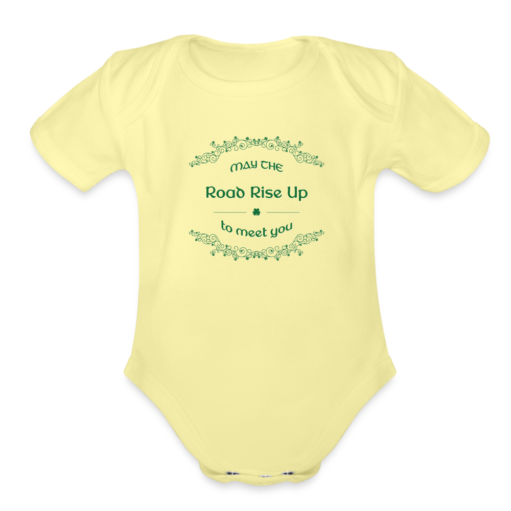 May the Road Rise Up to Meet You - Organic Short Sleeve Baby Bodysuit - washed yellow