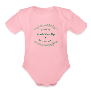 May the Road Rise Up to Meet You - Organic Short Sleeve Baby Bodysuit - light pink