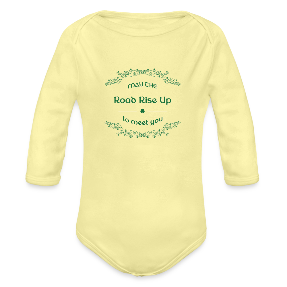 May the Road Rise Up to Meet You - Organic Long Sleeve Baby Bodysuit - washed yellow