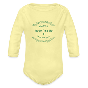May the Road Rise Up to Meet You - Organic Long Sleeve Baby Bodysuit - washed yellow