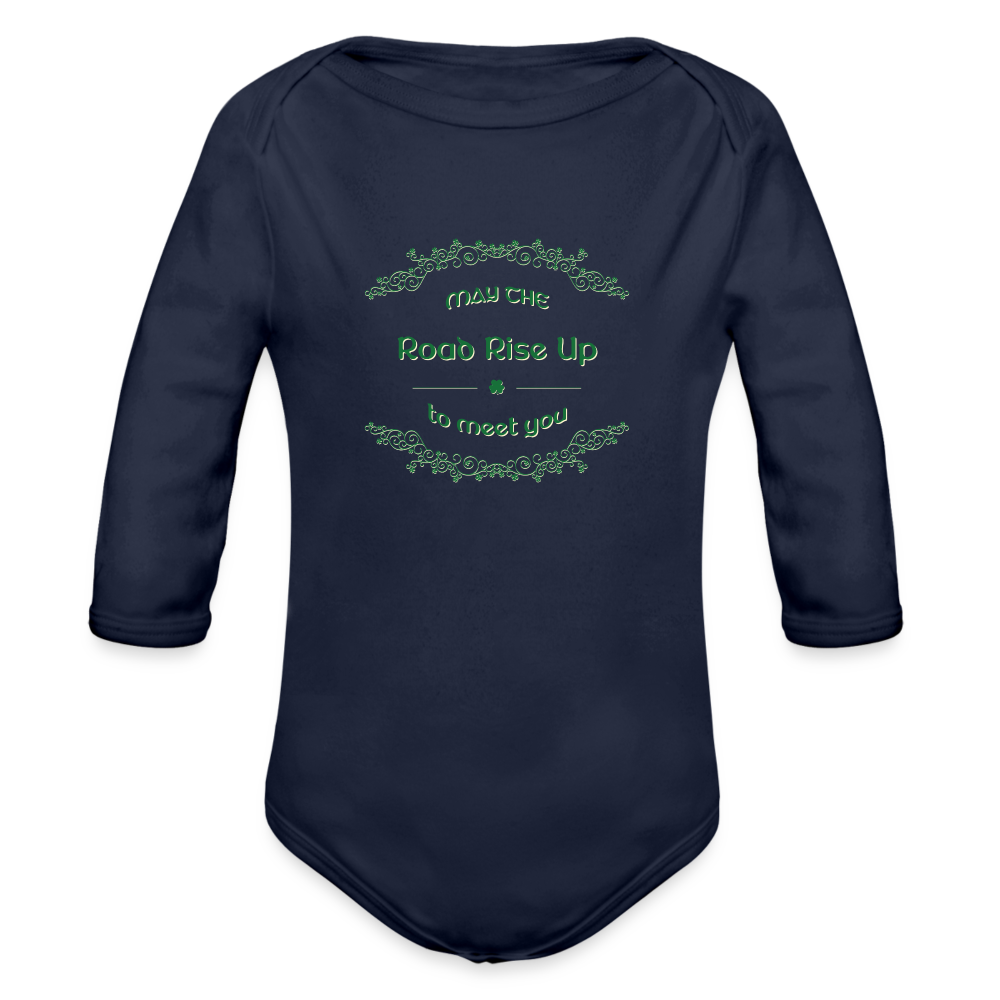 May the Road Rise Up to Meet You - Organic Long Sleeve Baby Bodysuit - dark navy