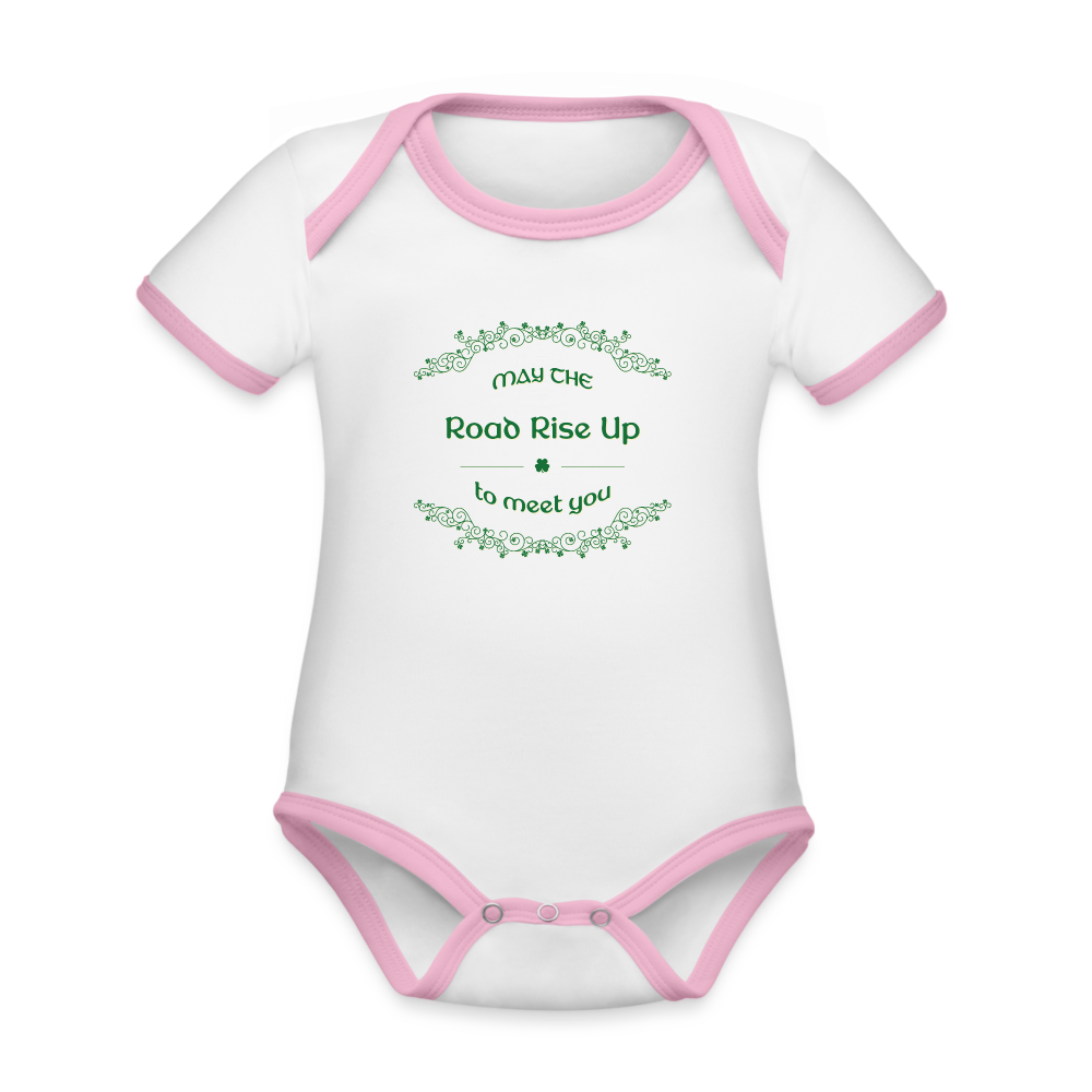 May the Road Rise Up to Meet You - Organic Contrast Short Sleeve Baby Bodysuit - white/pink