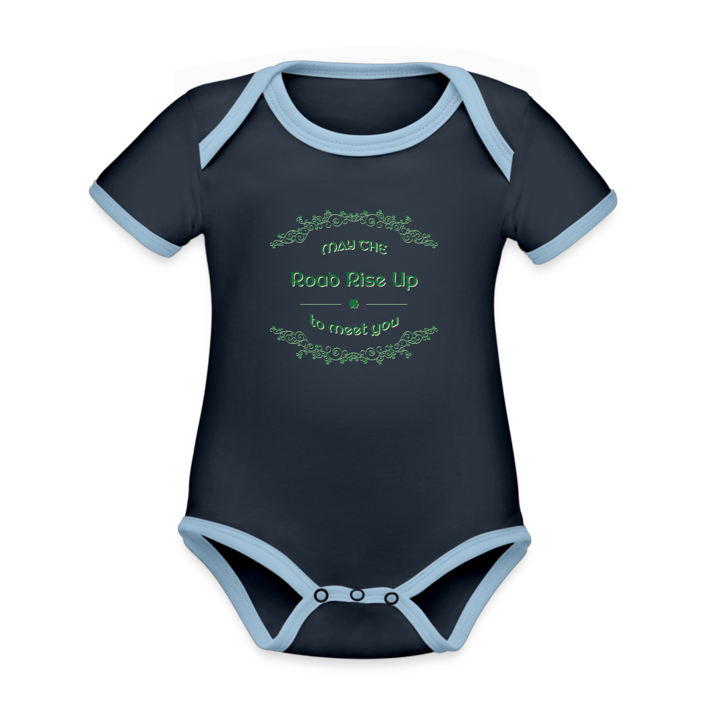 May the Road Rise Up to Meet You - Organic Contrast Short Sleeve Baby Bodysuit - navy/sky