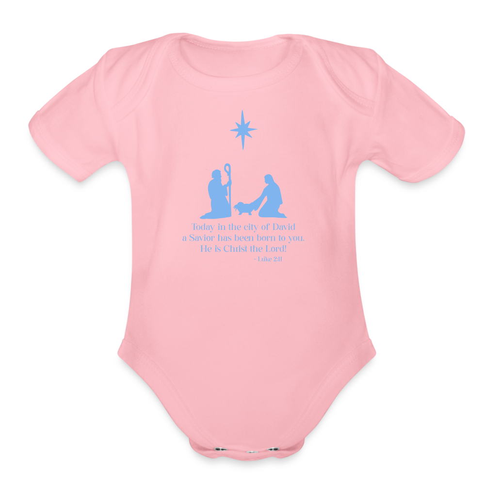 A Savior Has Been Born - Organic Short Sleeve Baby Bodysuit - light pink