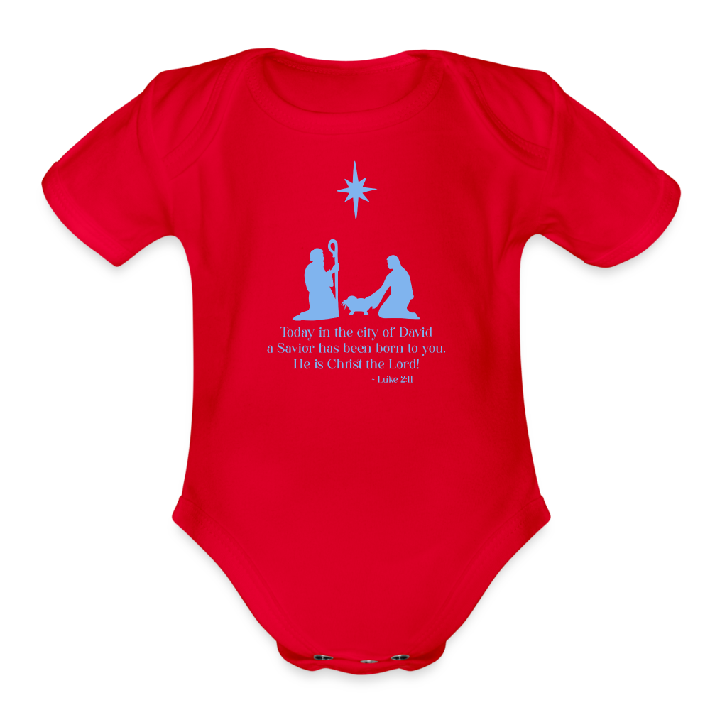 A Savior Has Been Born - Organic Short Sleeve Baby Bodysuit - red