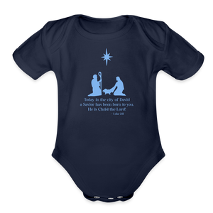 A Savior Has Been Born - Organic Short Sleeve Baby Bodysuit - dark navy