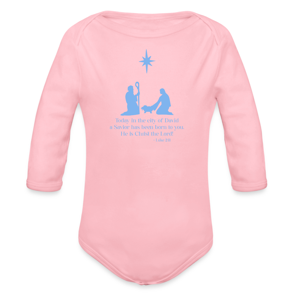 A Savior Has Been Born - Organic Long Sleeve Baby Bodysuit - light pink