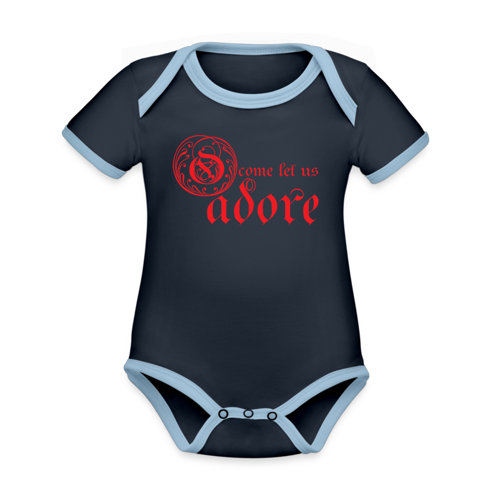 O Come Let Us Adore - Organic Contrast Short Sleeve Baby Bodysuit - navy/sky