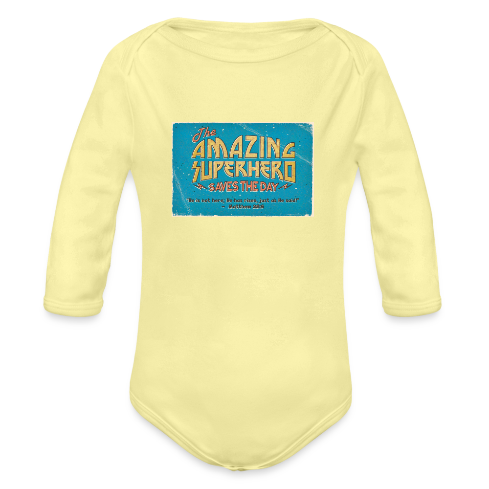 Amazing Superhero - Organic Long Sleeve Baby Bodysuit - washed yellow