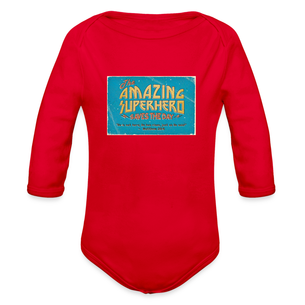 Amazing Superhero - Organic Long Sleeve Baby Bodysuit - red