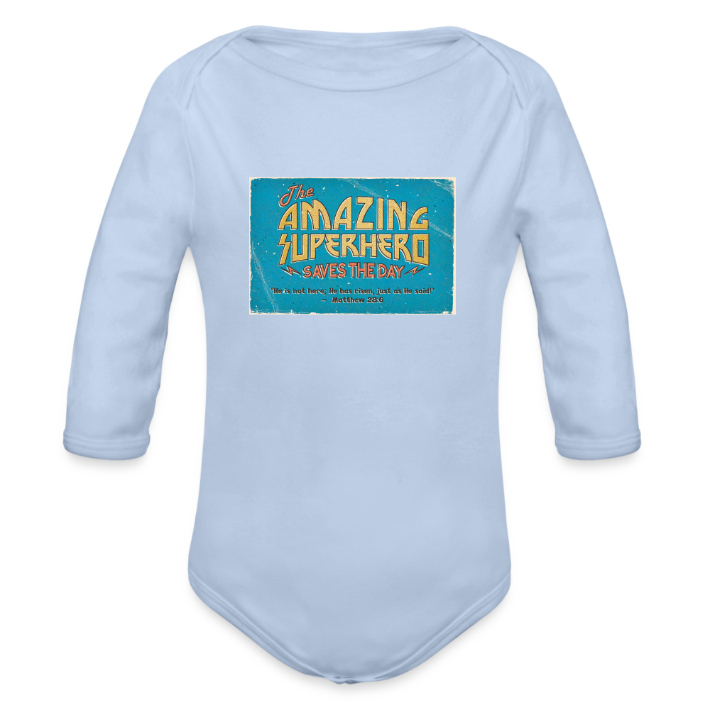 Amazing Superhero - Organic Long Sleeve Baby Bodysuit - sky