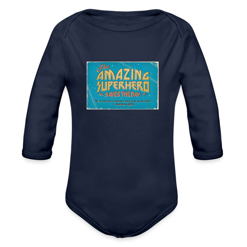 Amazing Superhero - Organic Long Sleeve Baby Bodysuit - dark navy