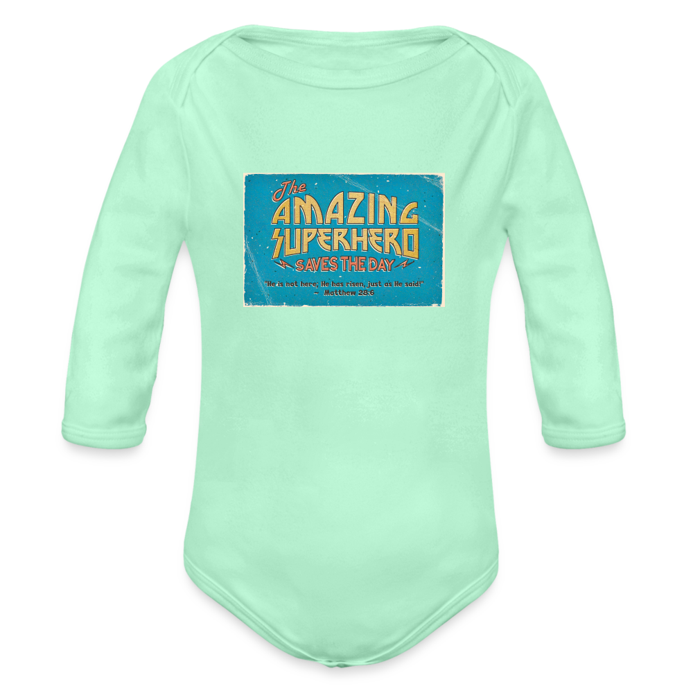 Amazing Superhero - Organic Long Sleeve Baby Bodysuit - light mint